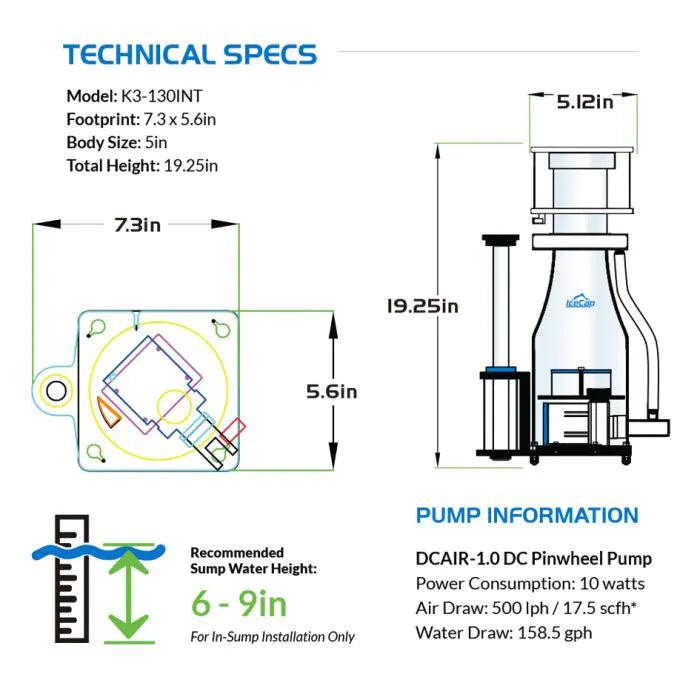 IceCap K3-130INT In-Sump Protein Skimmer - Ruby Mountain Aquarium supply